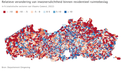 Relatieve verandering van inwonersdichtheid binnen residentieel ruimtebeslag 2022 t.o.v. 2013 - statistische sectoren Relatieve verandering van inwonersdichtheid binnen residentieel ruimtebeslag 2022 t.o.v. 2013 - statistische sectoren